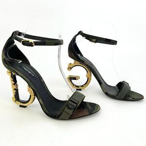 Dolce & Gabbana Keira Green Camouflage DG Logo Baroque Heel Sandals IT 39.5